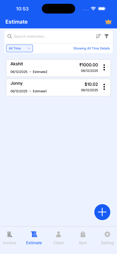 Instant Invoice Generator - Mobile app screen showing a list of business estimates with multi-currency support for solopreneurs.