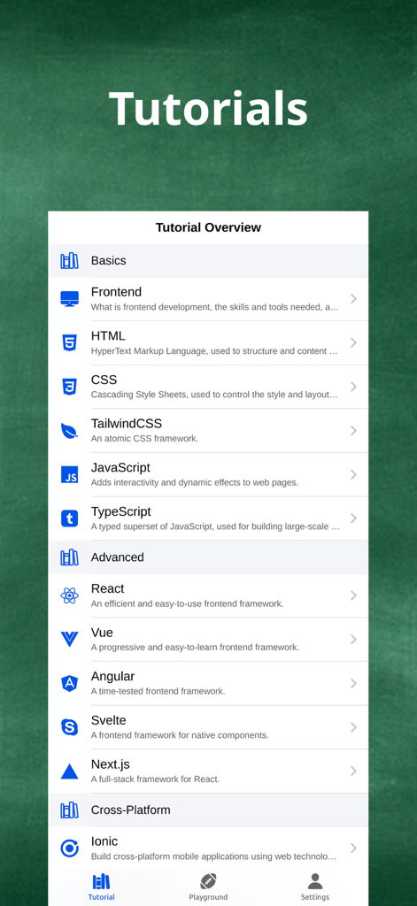 A list of front-end web development tutorials in the W3S app including HTML CSS and React.