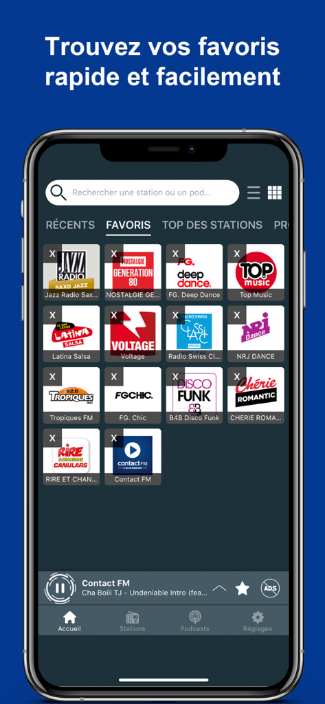 France Radio: Online, FM et AM - Pantalla de favoritos de la aplicación France Radio que muestra varios logotipos de estaciones de radio francesas