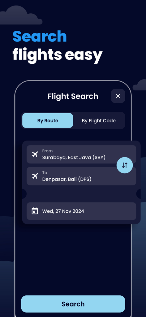 FlightRadar Pro: Track Flights - 出発地と目的地フィールドを備えたルートによるフライト検索用のモバイルアプリインターフェイス