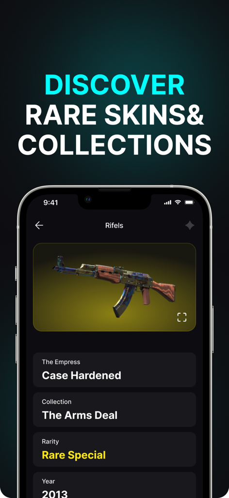 СStrike Skins - CStrike Skins app showcasing the rare AK-47 Case Hardened weapon skin with collection and rarity details.