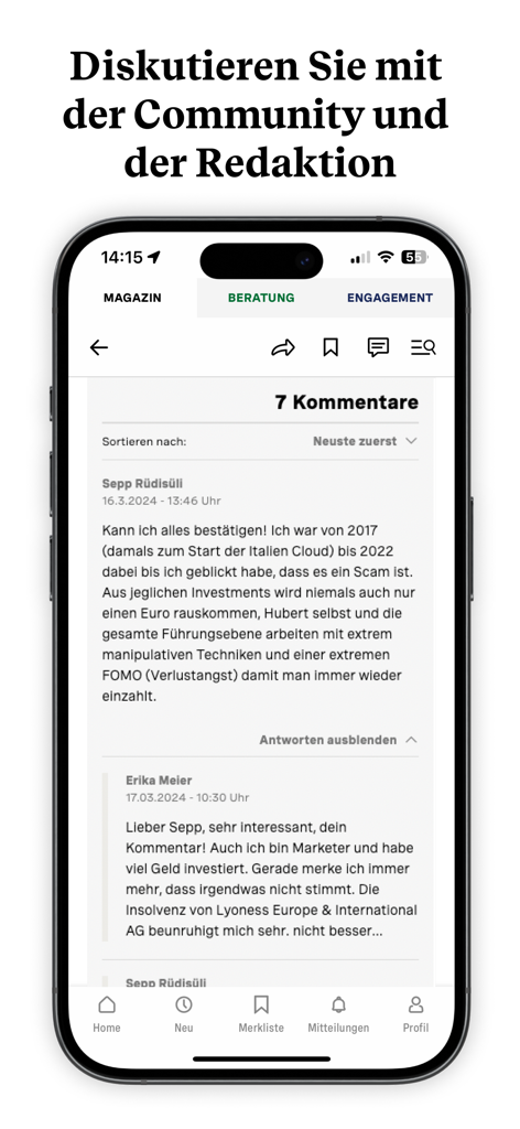Beobachter - Beobachter app interface showing a moderated community discussion and user comments on legal and consumer topics