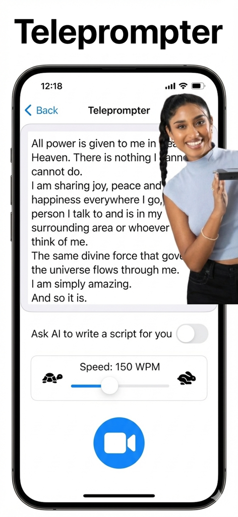 Crayo AI Video Clips Generator - 스크립트, 속도 조절, 비디오 녹화 버튼이 있는 Crayo AI 프롬프터용 모바일 앱 인터페이스
