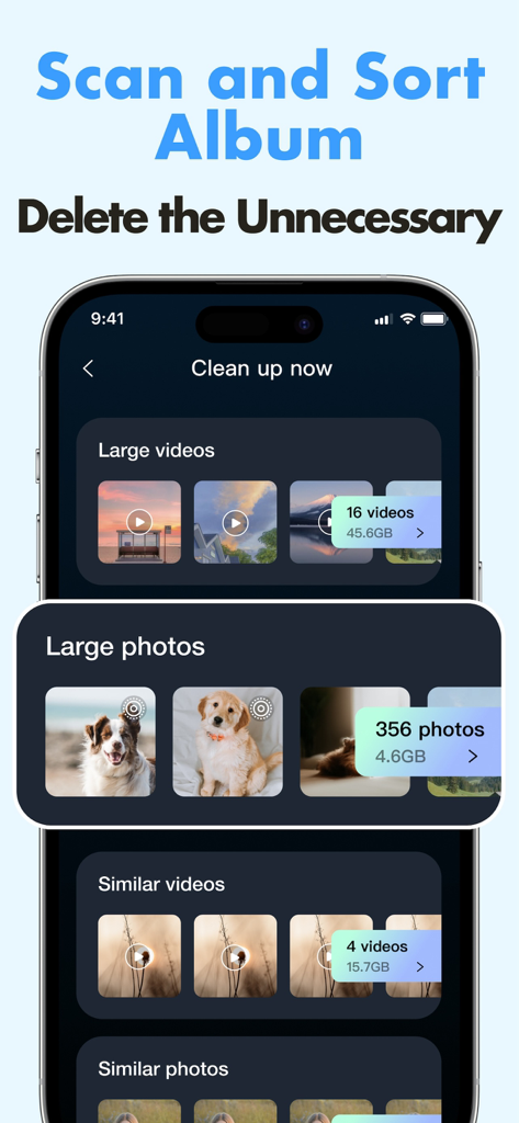 App screen showing classification of large photos and videos to clean up phone storage