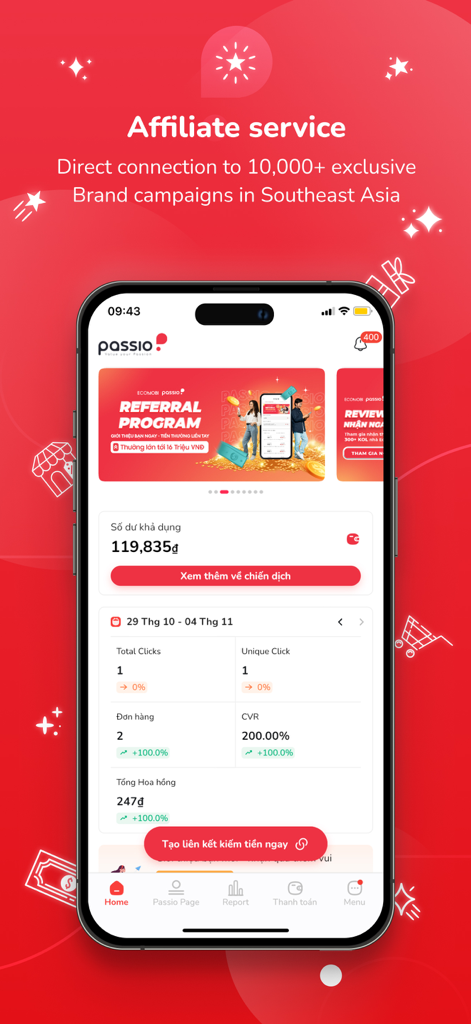 Ecomobi Passio Mobile App Dashboard mit Affiliate-Marketing-Leistungskennzahlen und Einnahmen