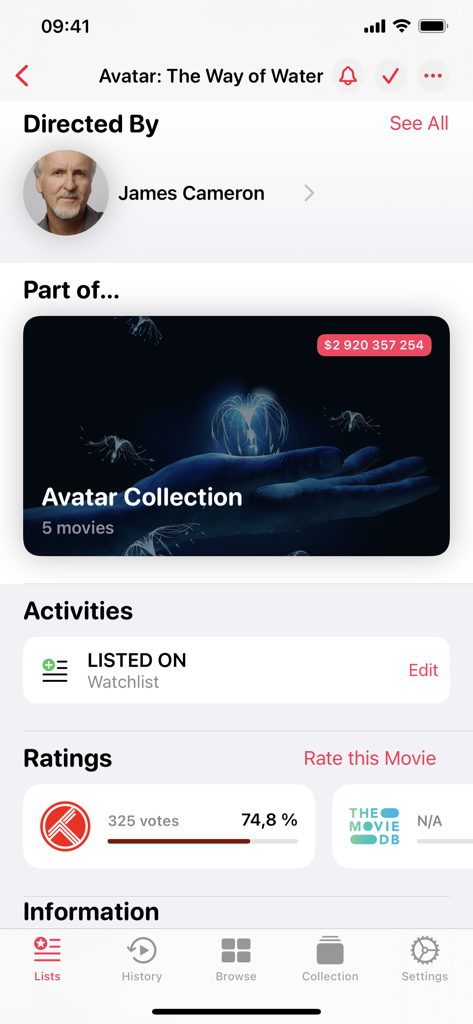 Popcorn Movies - Pantalla de detalles de la película para Avatar: El camino del agua en la aplicación Popcorn Movies mostrando al director James Cameron y las calificaciones