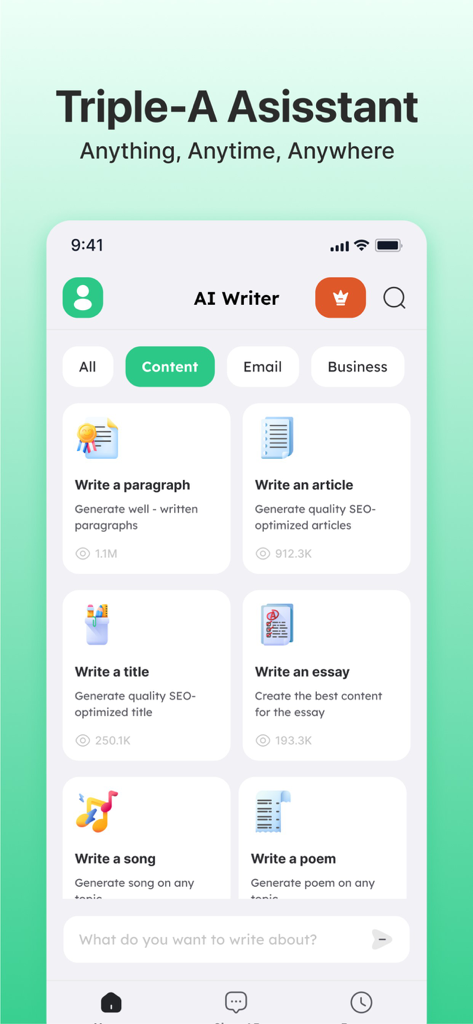 Interfaz de la aplicación Escritor IA mostrando varias herramientas de generación de contenido como escritura de párrafos, artículos y ensayos.