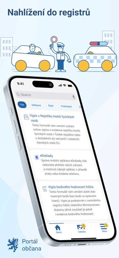 Portál občana - Captura de pantalla de la aplicación Portal obcana que muestra servicios de gobierno digital para antecedentes penales y puntos de conductor