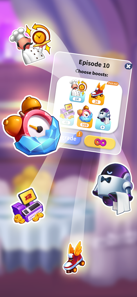 Happy Cooking : Cooking Game - A menu screen showing various gameplay boosts for Happy Cooking including a robot waiter and speed skates