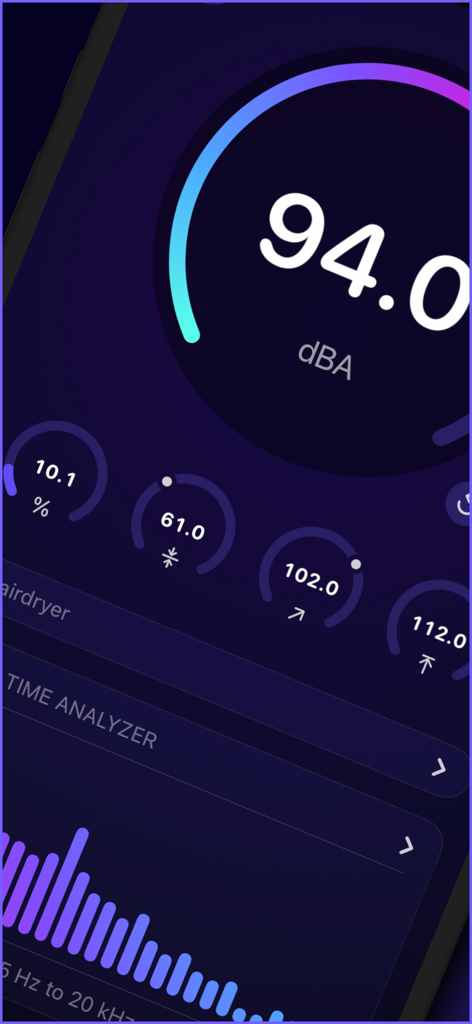 Decibel dB Sound Meter Ultra - Interfaccia dell'app Decibel dB Sound Meter Ultra che mostra una lettura di 94,0 dBA e analizzatore di frequenza