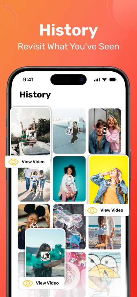 All Video Downloader & Play - Smartphone-Bildschirm, der den Verlaufs-Tab einer Video-Downloader-App mit einem Raster von gespeicherten Videovorschaubildern anzeigt.