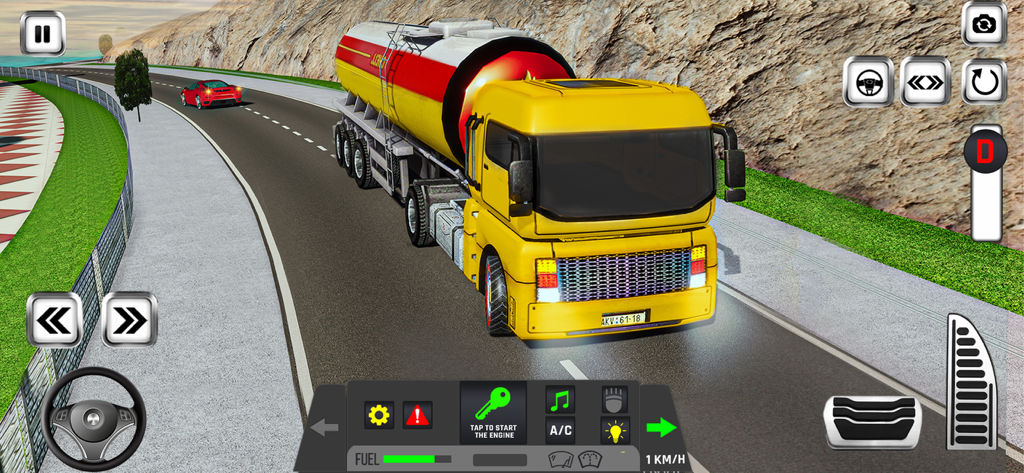 Truck Simulator Driver Games - A yellow oil tanker truck driving on a coastal road in a mobile truck simulator game