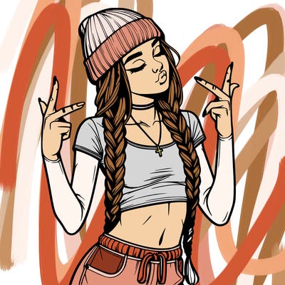 realistic teenage girl with braids and a beanie and crop top doing 🫶🏼