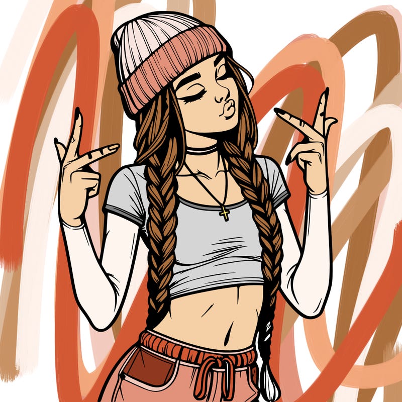realistic teenage girl with braids and a beanie and crop top doing 🫶🏼