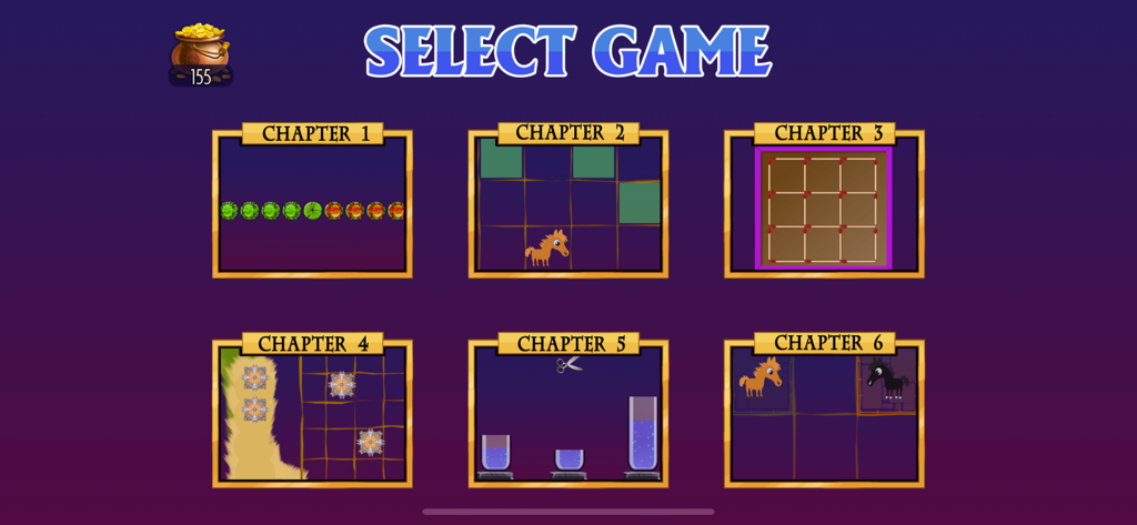 River IQ 2 game selection screen with six logic puzzle chapters