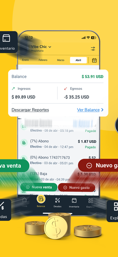 Treinta - Écran de l'application Treinta affichant un résumé du solde de l'entreprise avec suivi des revenus et des dépenses