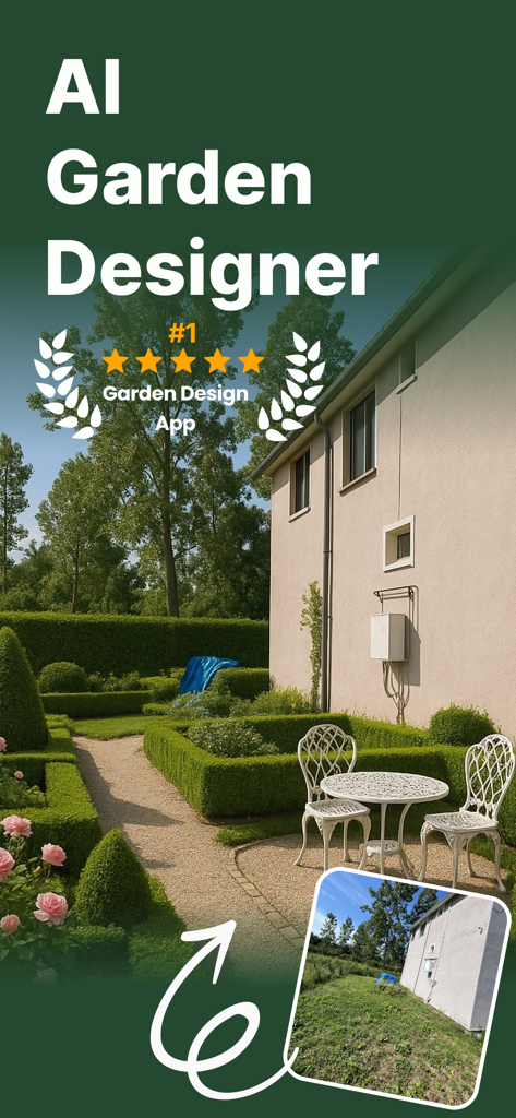 Landscape AI: Garden Designer - AI generated before and after comparison of a backyard garden redesign