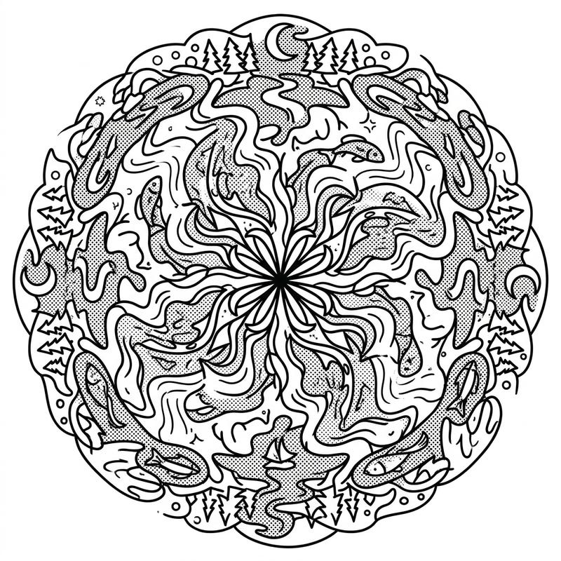 Explore a fusion of nature and bold design with this Pop Art Lake Mandala coloring page. Its intricate patterns and halftone elements promise a truly engaging coloring experience for all ages.