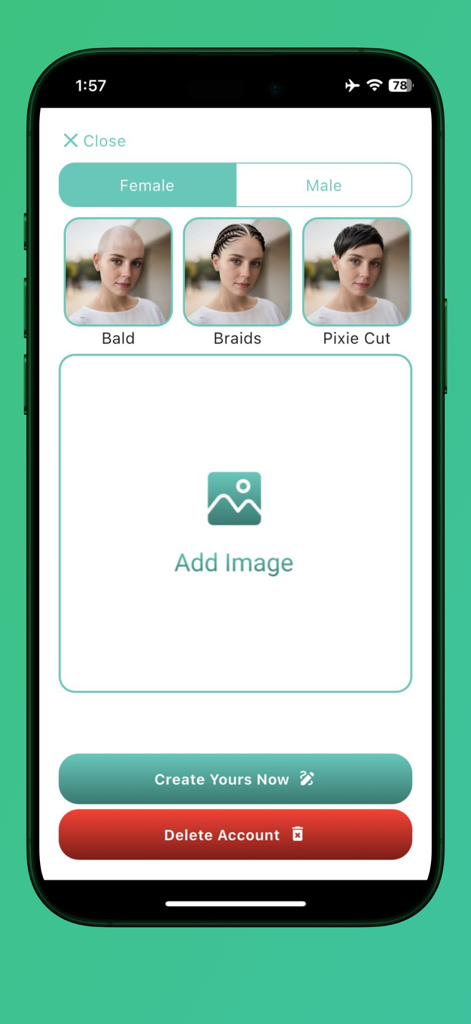 Bald Filter: AI Hairstyle - Interface of the Bald Filter AI Hairstyle app showing hair style options and an add image placeholder