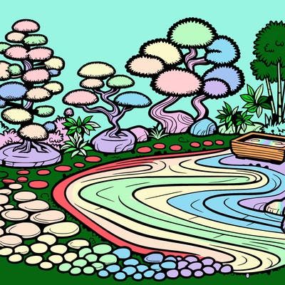 a serene zen garden with raked gravel, bonsai trees, and tranquil ponds