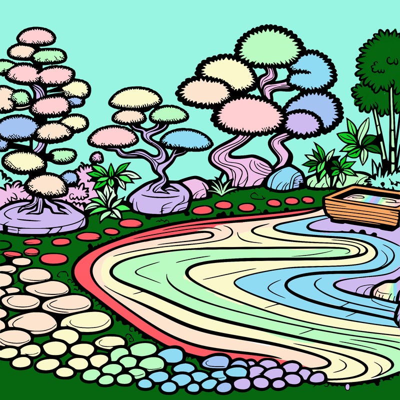 a serene zen garden with raked gravel, bonsai trees, and tranquil ponds