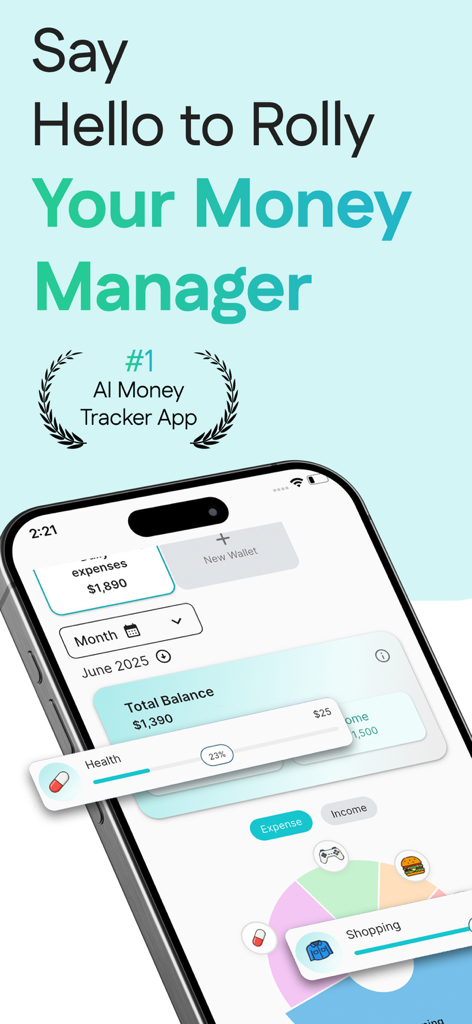 Rolly: AI Budget Money Tracker - iPhone screen displaying the Rolly AI money manager interface with balance tracking and expense categories.