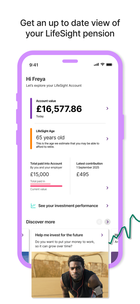 LifeSight Pension GB app dashboard showing account balance and estimated retirement age
