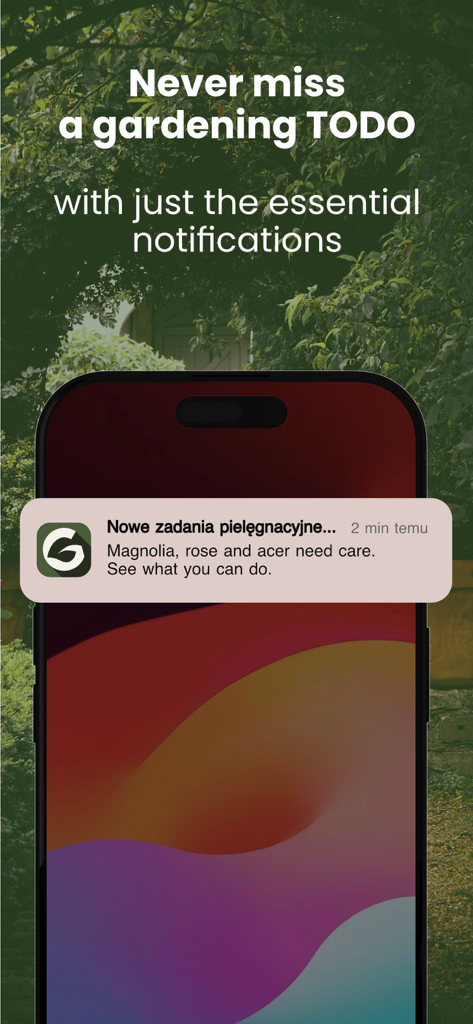Smartphone displaying a gardening task notification for plant care reminders
