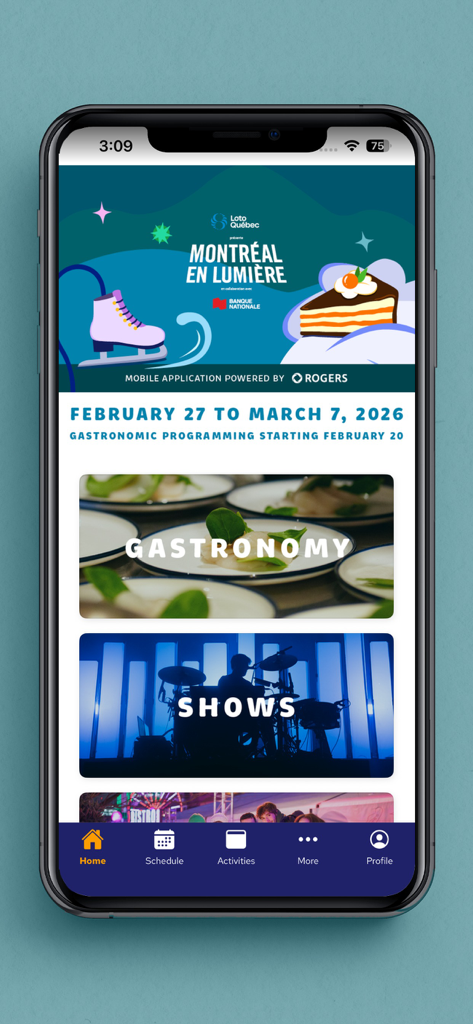 Montréal en lumière - Tela inicial do aplicativo móvel Montreal en lumiere exibindo datas do festival e categorias para Gastronomia e Shows