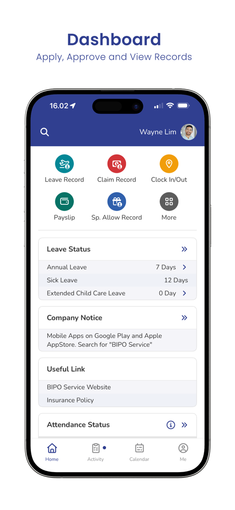 BIPO HRMSモバイルアプリのダッシュボード。休暇状況とHR管理ツールが表示されます。