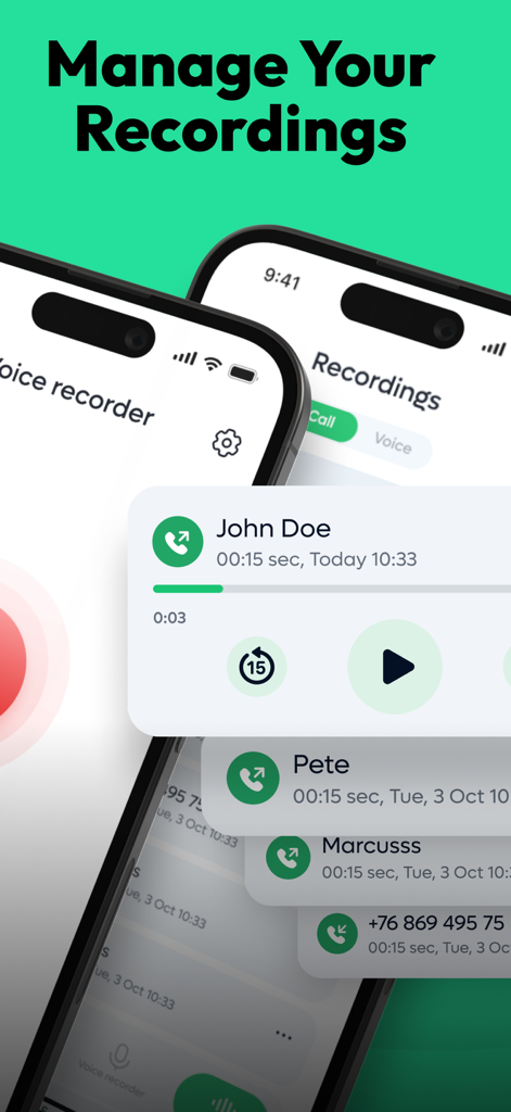 User interface of a call recorder app displaying a list of recordings and audio playback features