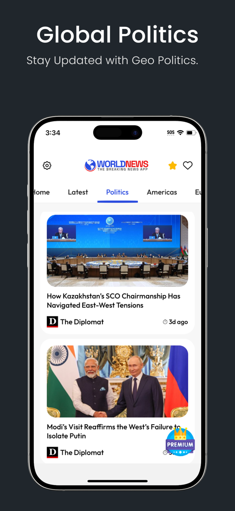 World News: Breaking News App - Una pantalla de teléfono inteligente que muestra el feed de noticias de Política Global en la aplicación Noticias Mundiales con titulares internacionales.