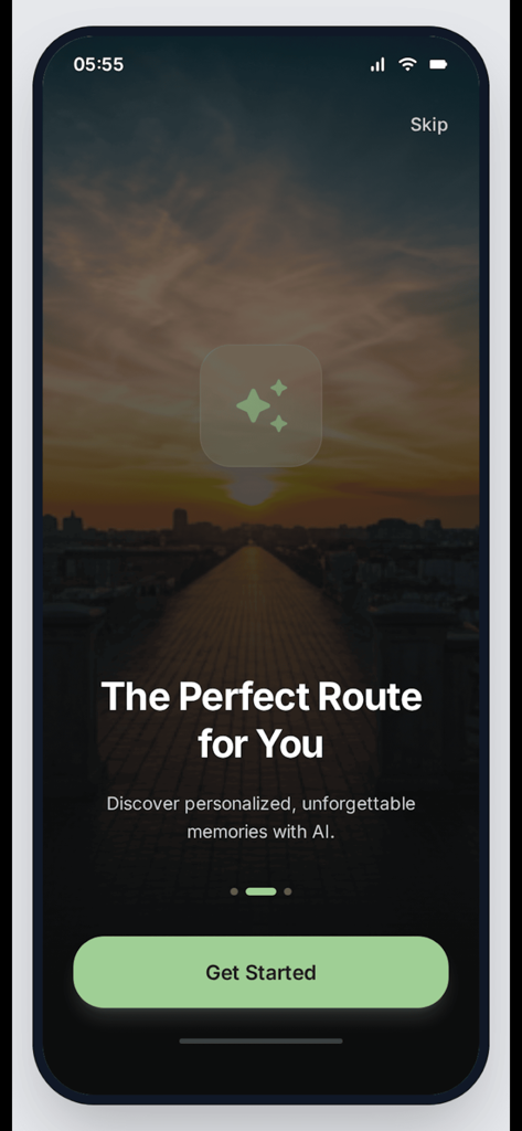 Route Mind AI Travel Planner welcome screen displaying the headline The Perfect Route for You and a Get Started button