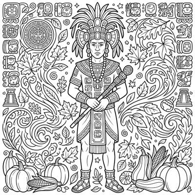 Discover the grandeur of Mayan history with this unique coloring page featuring K'inich Janaab' Pakal I amidst a vibrant autumn scene. Immerse yourself in intricate details, from ancient glyphs to bountiful harvest elements, awaiting your creative touch.