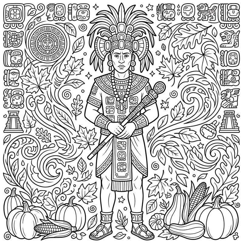 Discover the grandeur of Mayan history with this unique coloring page featuring K'inich Janaab' Pakal I amidst a vibrant autumn scene. Immerse yourself in intricate details, from ancient glyphs to bountiful harvest elements, awaiting your creative touch.
