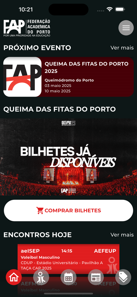 FAP Porto app home screen displaying upcoming academic events and ticket purchasing options for students