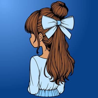 realistic girl  with hip length hair a bun and a big bow on the back of head