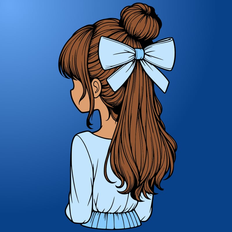 realistic girl  with hip length hair a bun and a big bow on the back of head