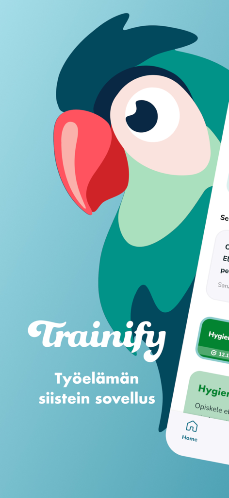 Trainify - Pantalla de bienvenida de la aplicación móvil Trainify con una mascota de loro colorida y texto en finlandés sobre formación profesional