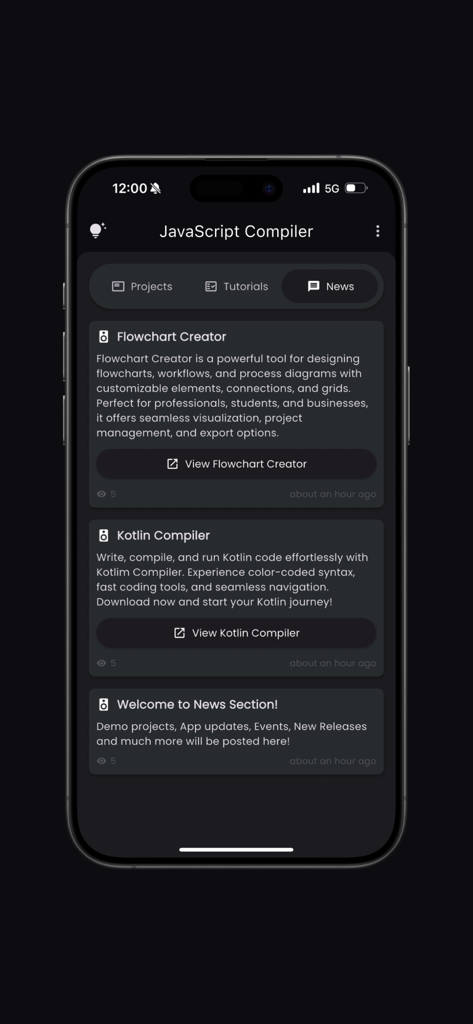 La section des actualités de l'application JavaScript Compiler Pro montrant les mises à jour des développeurs et les outils de codage associés.