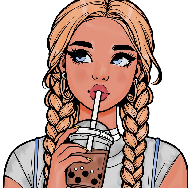 realistic girl with braided hair drinking boba