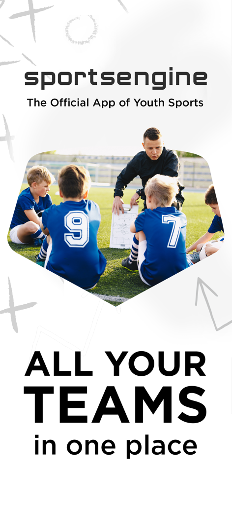 SportsEngine - Team management - SportsEngine app welcome screen showing a coach talking to youth soccer players with the text All your teams in one place.