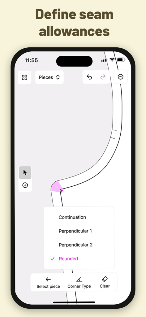 A mobile app interface showing options to define seam allowance corner types for a sewing pattern.