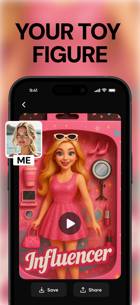 Plum AI mobile app screen showing a user portrait transformed into a 3D influencer toy figure inside a pink display box.