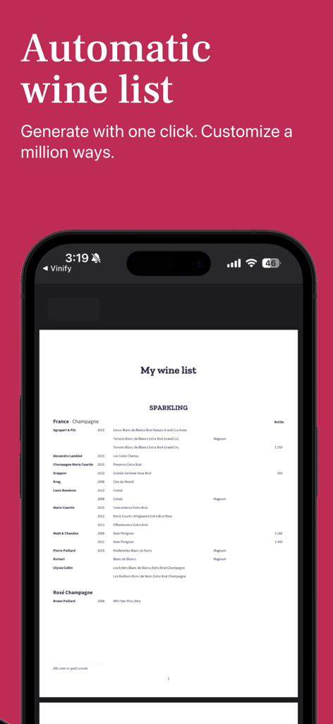 Vinify: Wine cellar & reviews - A smartphone screen displaying an automatically generated wine list feature within the Vinify app.