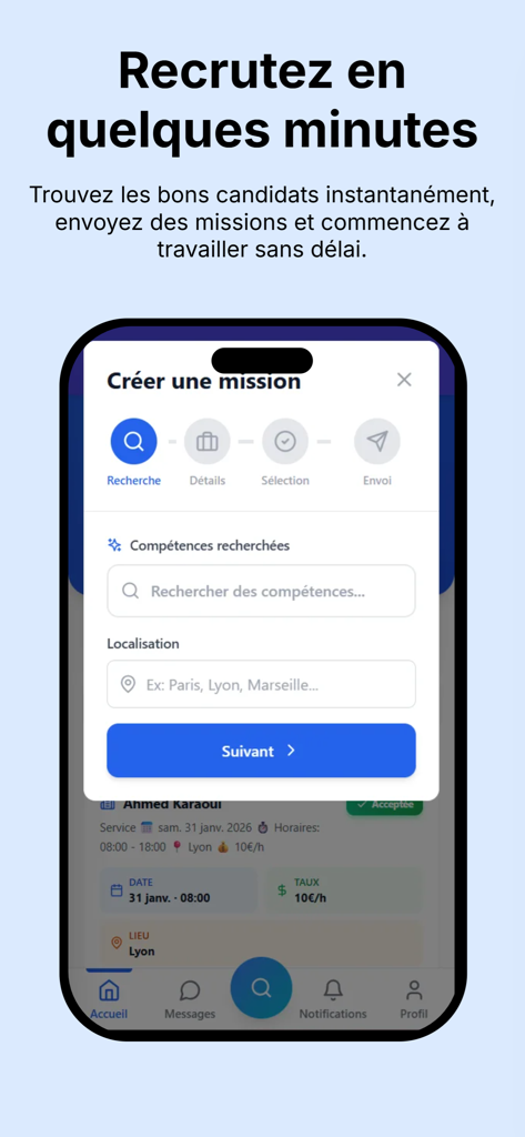 JobMinute FR Mobile App-Oberfläche, die den Prozess der Erstellung eines Rekrutierungseinsatzes zeigt