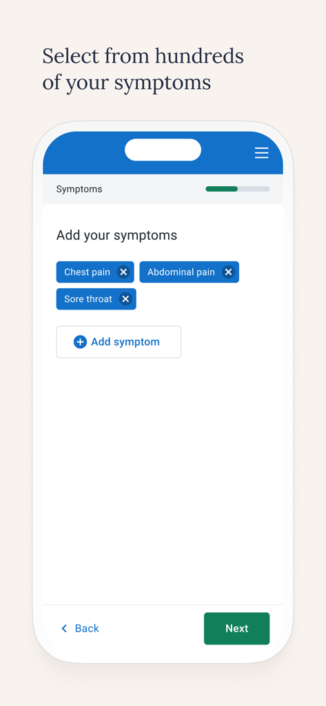 Interfaz de la aplicación Symptomate que muestra una lista de síntomas añadidos como dolor en el pecho y dolor de garganta