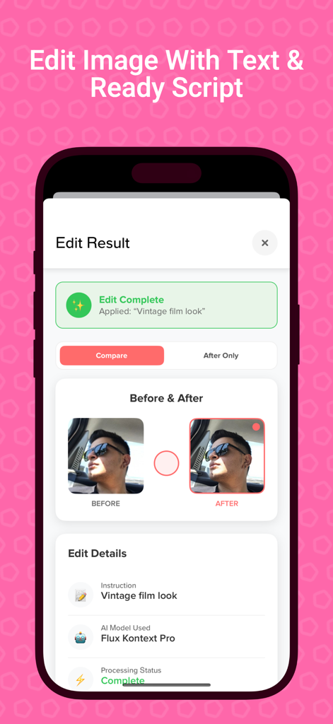 Before and after comparison of an AI photo edit using a text prompt for a vintage film look
