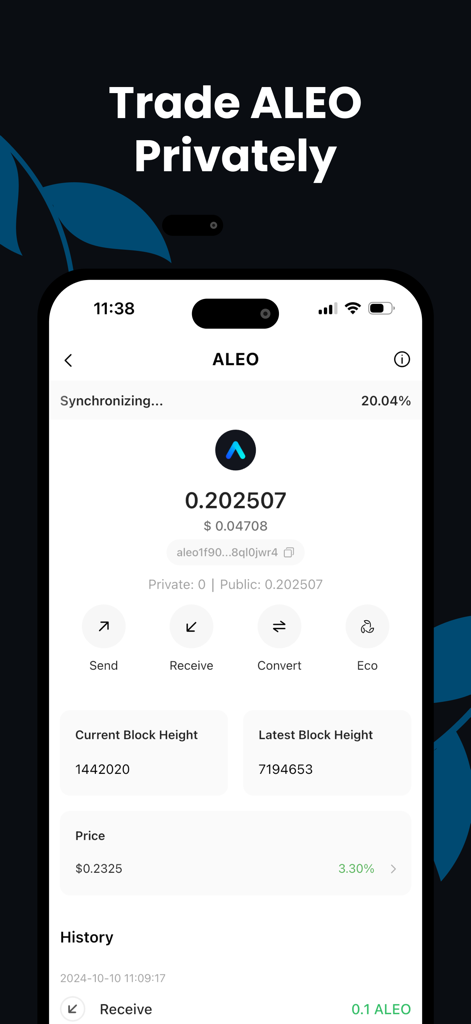 Interfaz de la aplicación móvil FxWallet que muestra el saldo de tokens ALEO y funciones de trading privado