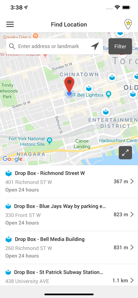 Purolator - Purolator app Find Location screen showing a map of Toronto with nearby shipping drop box locations and distances